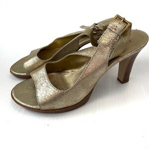 Franco Sarto Gold Leather Slingback Heels stacked heel